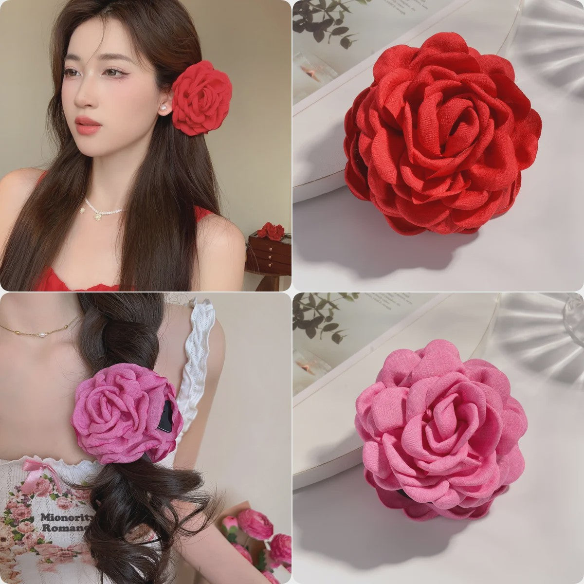 Bloem Haarclip Dames - Katoen Stof Rozen Klip - Medium Maat - Koreaanse Stijl Haarsieraad