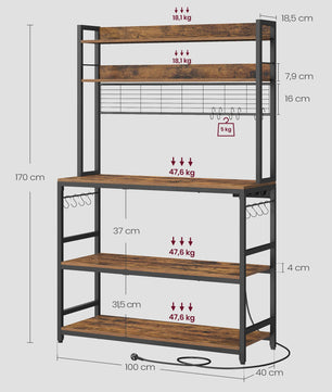 VASAGLE Keukenrek met Stopcontacten en 14 Haken - 100x40x170 cm