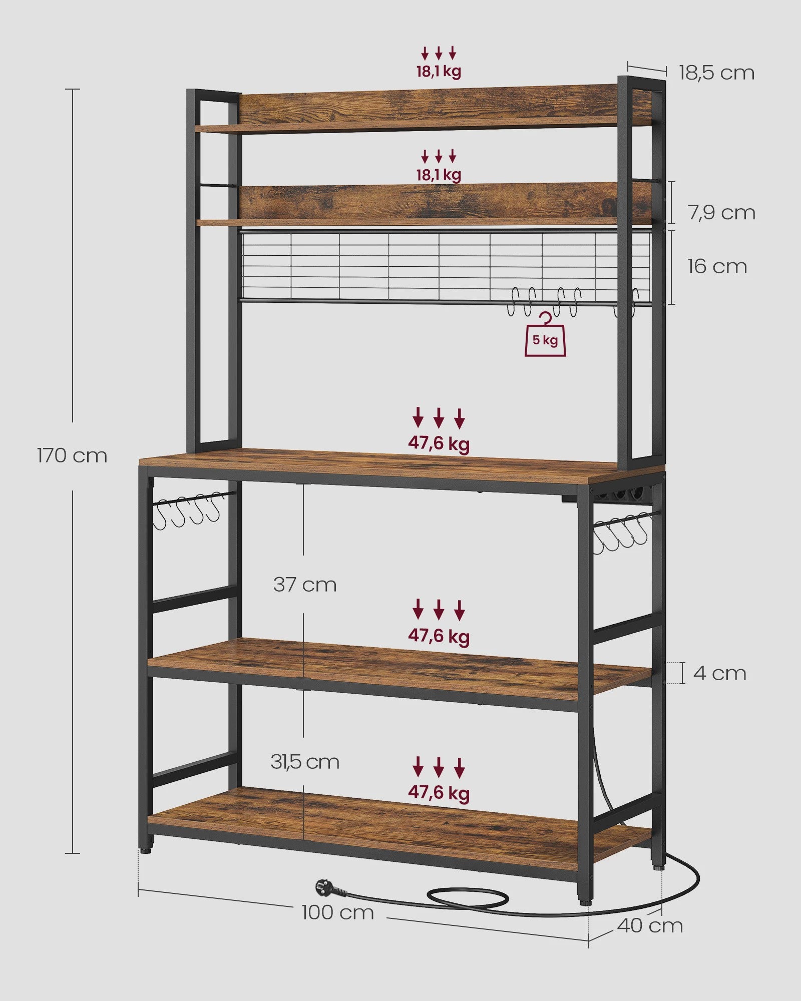 VASAGLE Keukenrek met Stopcontacten en 14 Haken - 100x40x170 cm