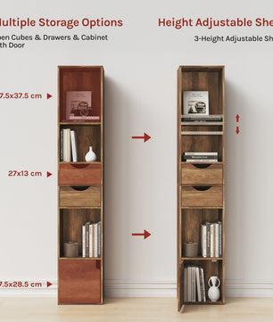 Hoge Smalle Boekenkast met Lades en Deur - Stijlvolle Opbergkast voor Woonkamer & Kantoor (158cm)