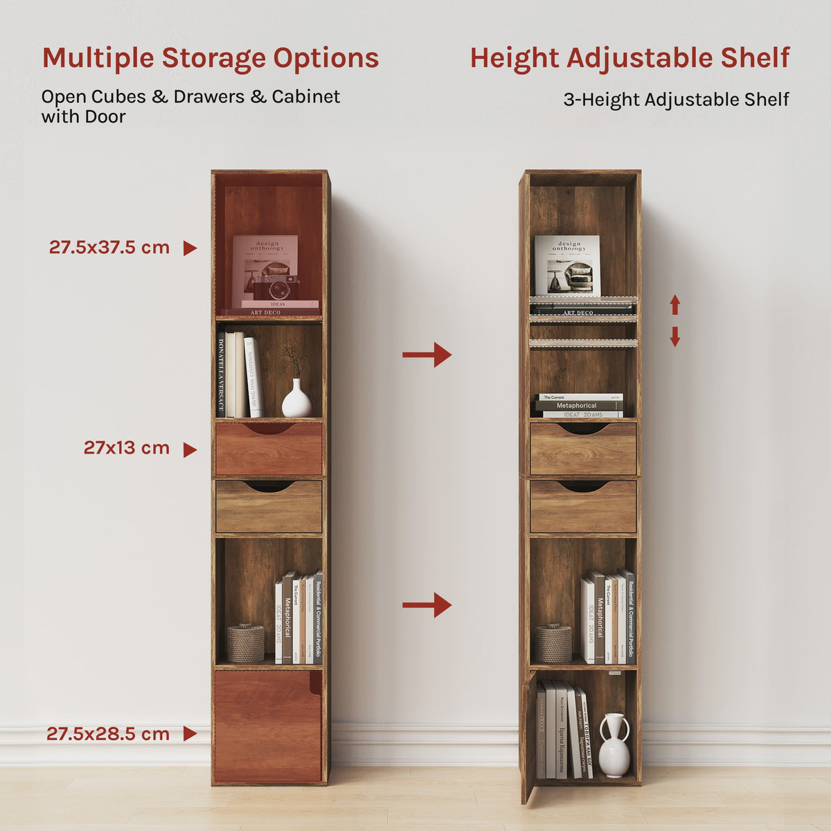 Hoge Smalle Boekenkast met Lades en Deur - Stijlvolle Opbergkast voor Woonkamer & Kantoor (158cm)