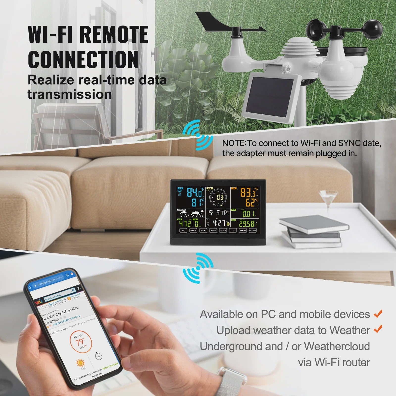 Wi-Fi Weerstation met 7-in-1 Sensor, 7.5" Kleurendisplay en Zonne-energie Outdoor Sensor met Alarmfuncties