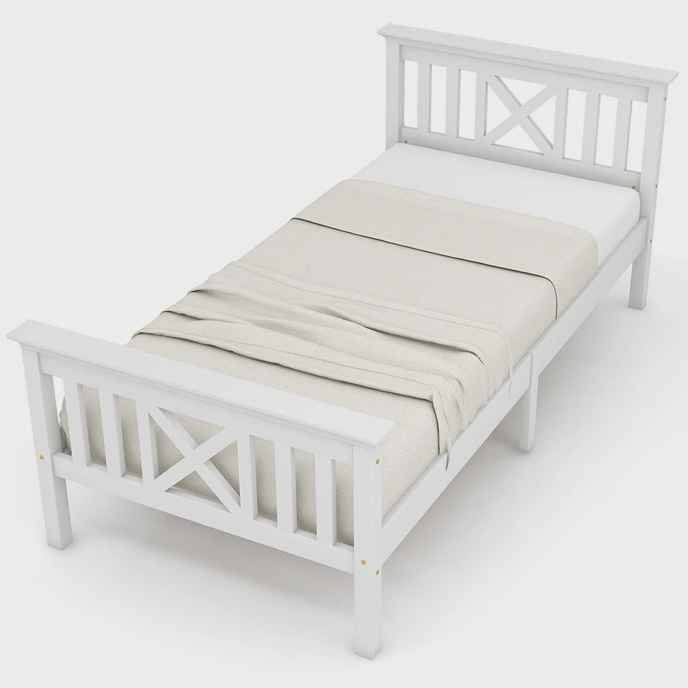 Massief Houten Eenpersoonsbed 90x200 cm met Lattenbodem en Hoofdbord - Wit Grenen