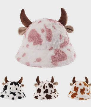 Warme Koeienprint Bucket Hat met Hoorns - Fleece Gevoerd & Verdikt voor de Winter