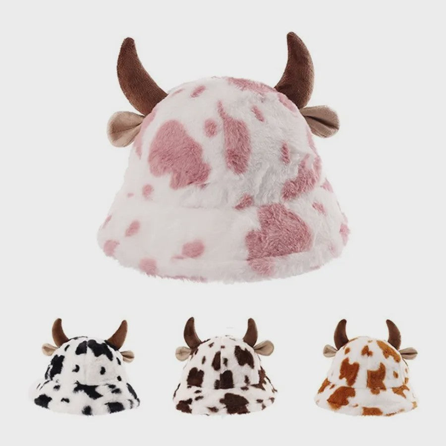 Warme Koeienprint Bucket Hat met Hoorns - Fleece Gevoerd & Verdikt voor de Winter