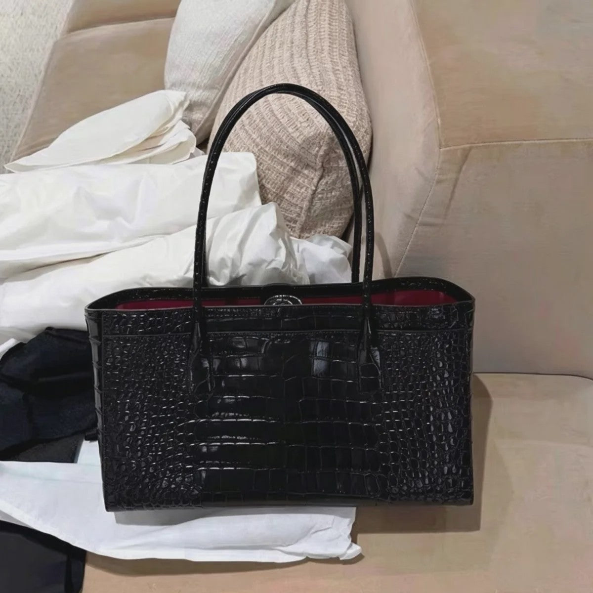 Luxe Vintage Croco Print Tote Bag - Ruime PU Lederen Schoudertas voor Dames
