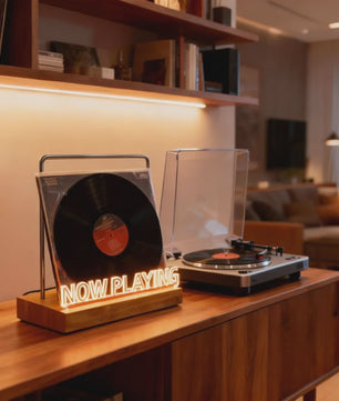 Retro Houten "Now Playing" Vinyl Platenstandaard met Neon LED Verlichting