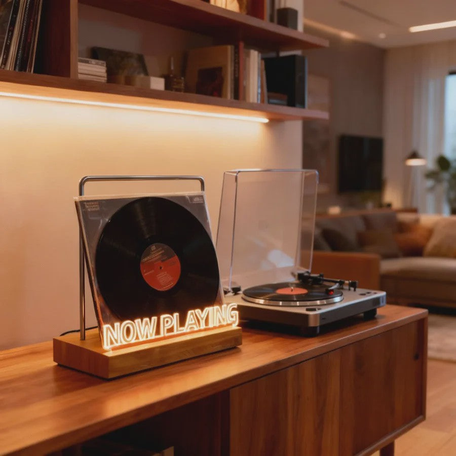 Retro Houten "Now Playing" Vinyl Platenstandaard met Neon LED Verlichting