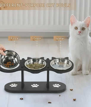 Verhoogde Kattenvoerbak met Houten Standaard & 3 RVS Bakjes - 15° Schuin