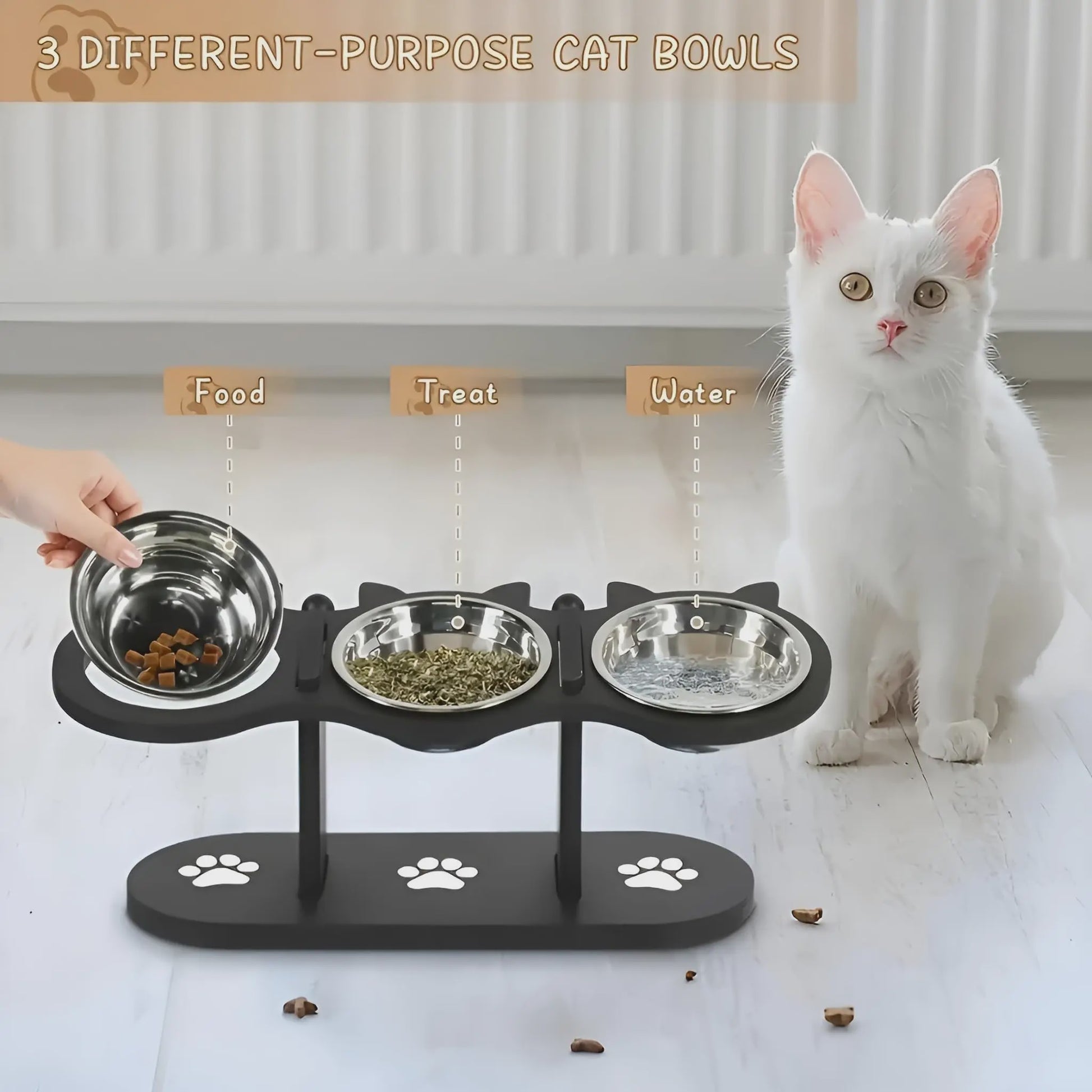 Verhoogde Kattenvoerbak met Houten Standaard & 3 RVS Bakjes - 15° Schuin