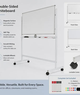 Mobiel Dubbelzijdig Magnetisch Whiteboard met Wieltjes, Pennen & Gum - 120x60cm