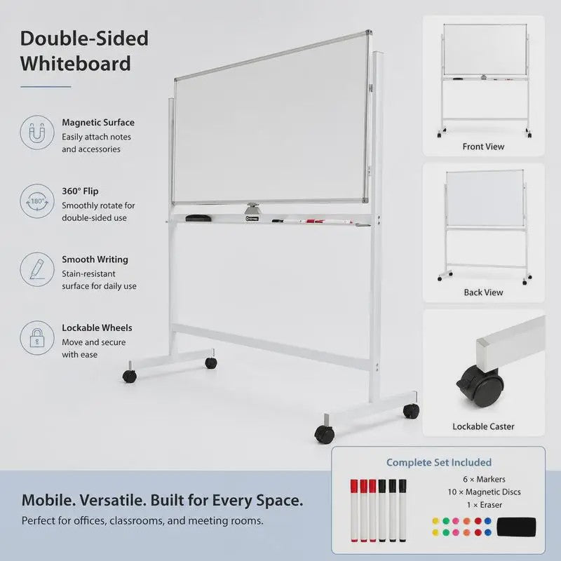 Mobiel Dubbelzijdig Magnetisch Whiteboard met Wieltjes, Pennen & Gum - 120x60cm
