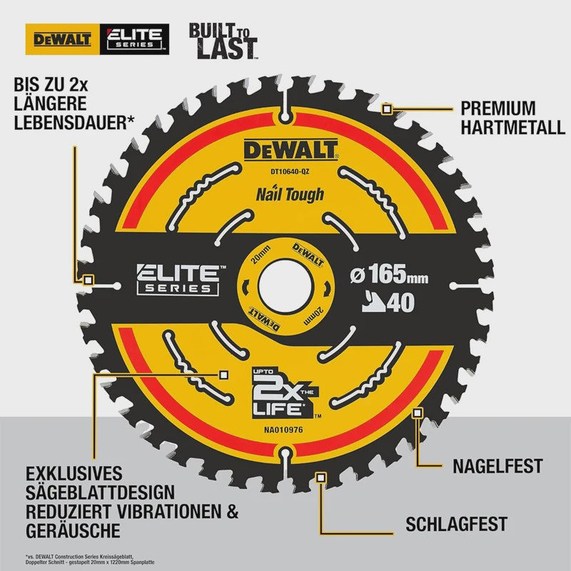 DEWALT DT10640 Cirkelzaagblad 165mm, 40T - Duurzaam & Precisie voor Hout