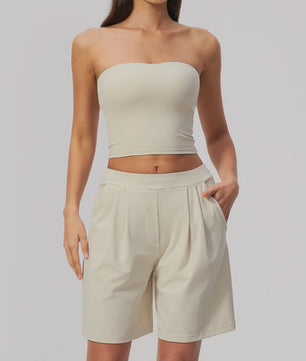 Dames Yogaset 2-delig: Strapless Crop Top & Plissé Shorts voor Fitness, Running & Gym