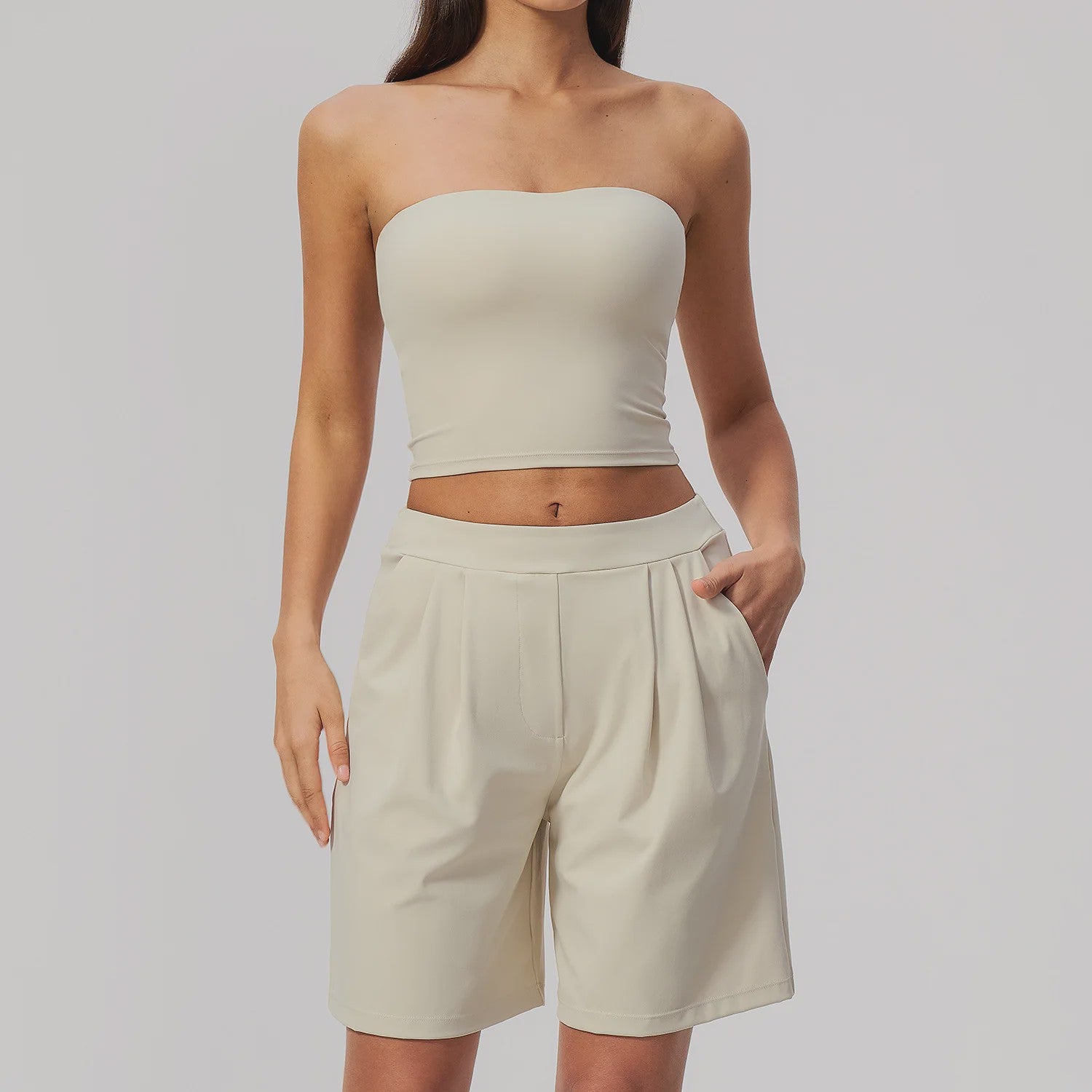 Dames Yogaset 2-delig: Strapless Crop Top & Plissé Shorts voor Fitness, Running & Gym