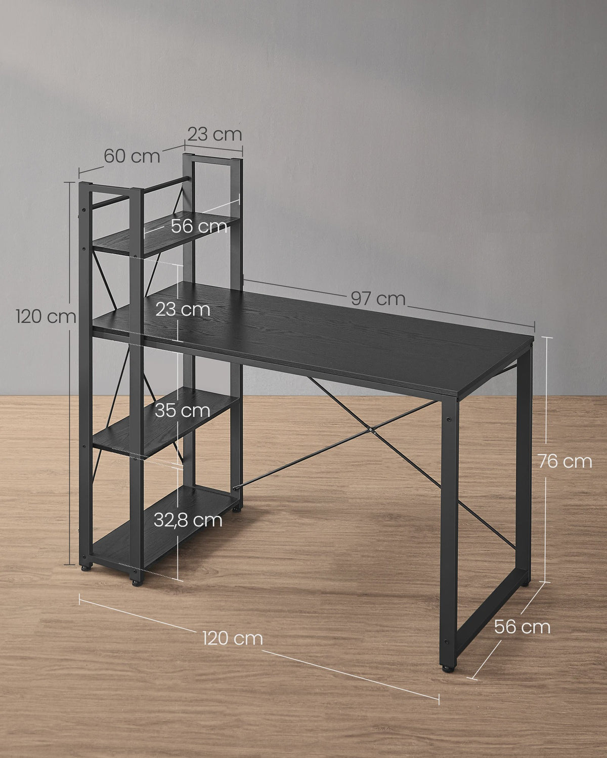 VASAGLE Bureau met Planken, 120/137.2 cm, Flexibele Plaatsing Planken