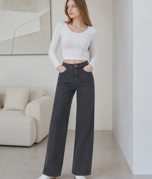High Waist Wide Leg Jeans Dames - Zwart Ombre Vintage Wash