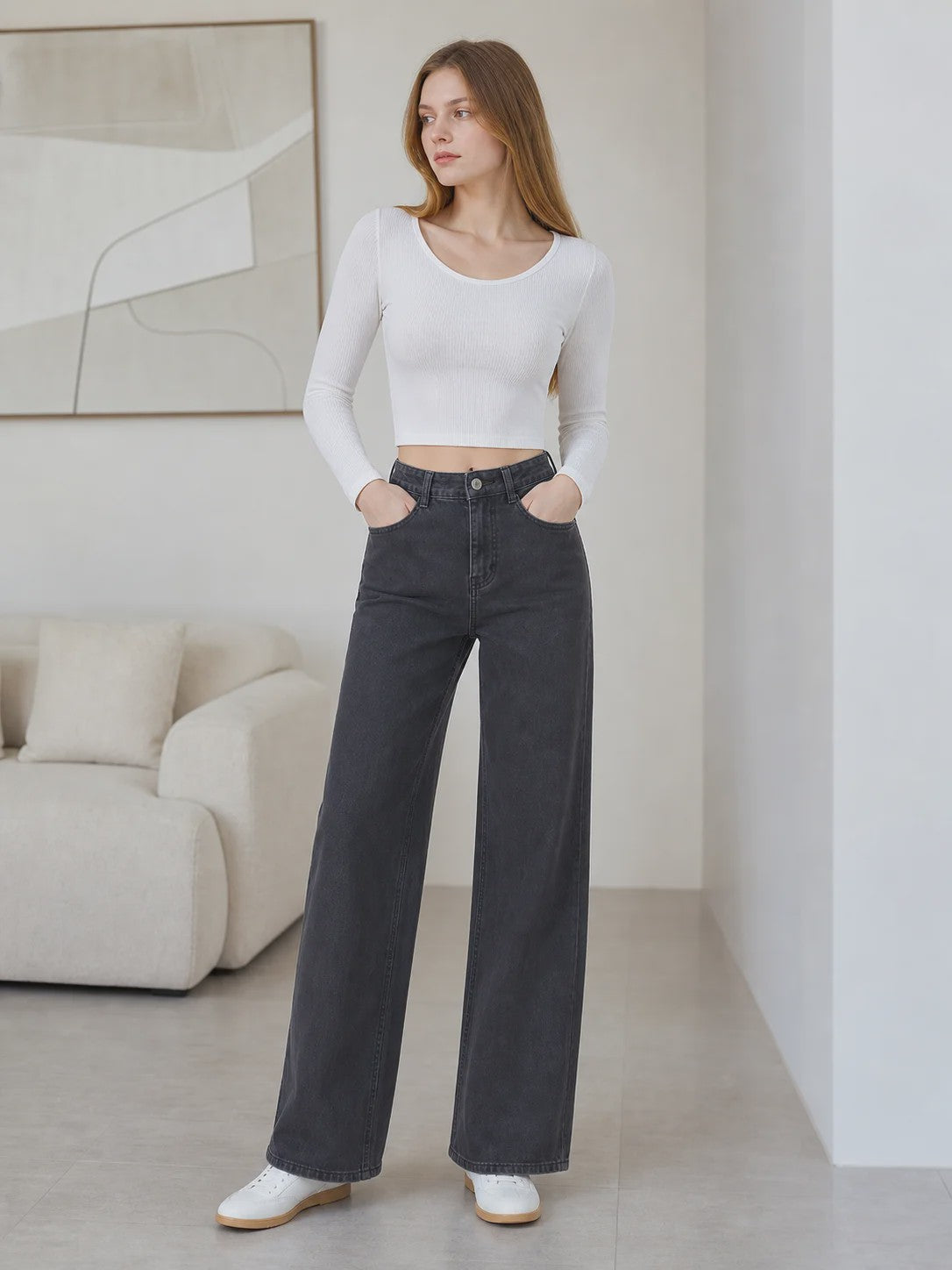 High Waist Wide Leg Jeans Dames - Zwart Ombre Vintage Wash