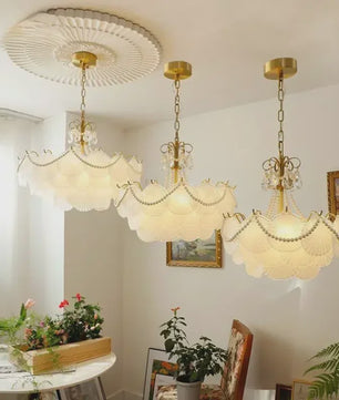 Moderne Koperen Plafondlamp met Schelp Glas en LED - Stijlvolle Hanglamp voor Woonkamer, Eetkamer & Slaapkamer