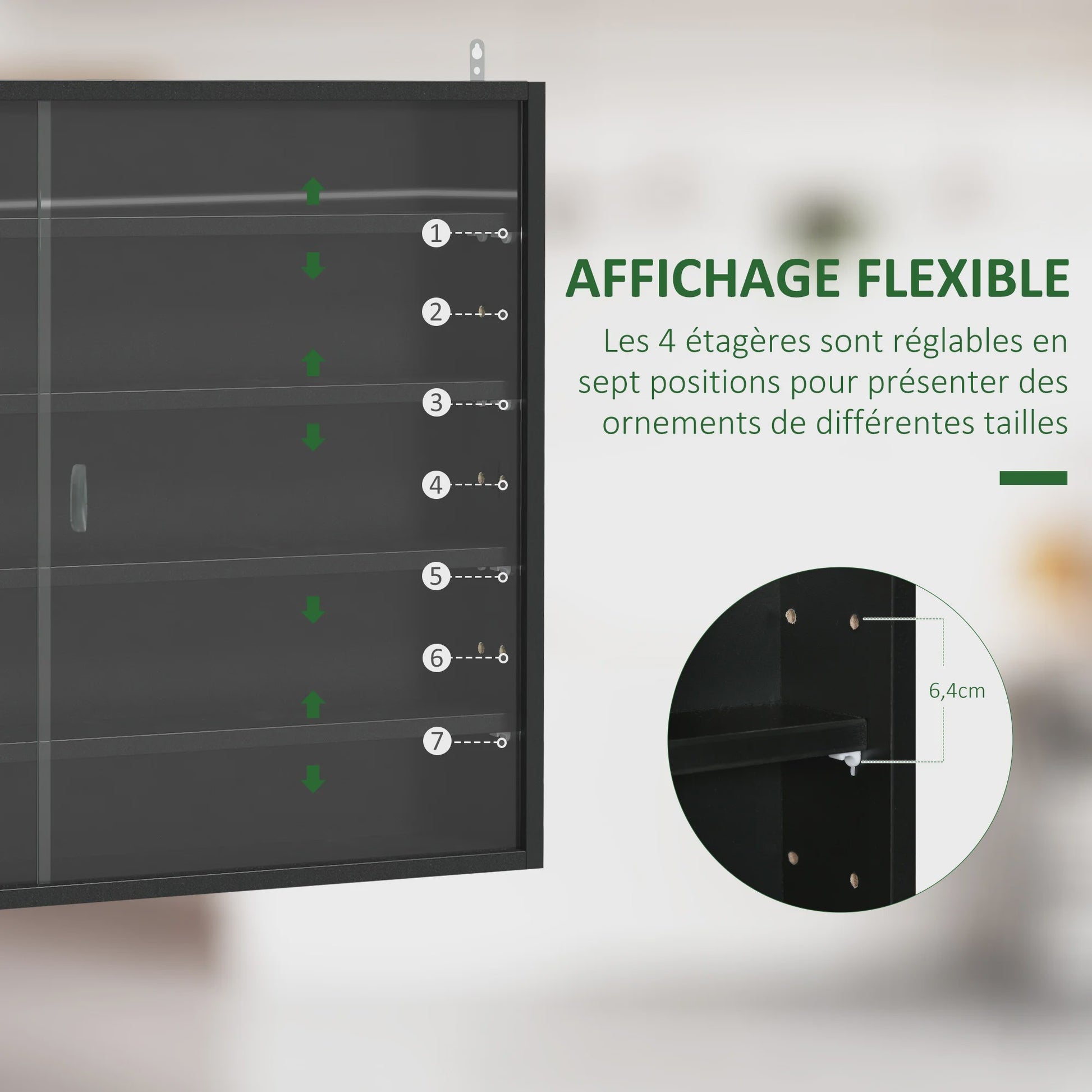 HOMCOM Wandvitrinekast Zwart 80x9.5x60 cm met 4 Verstelbare Planken en Glazen Schuifdeuren