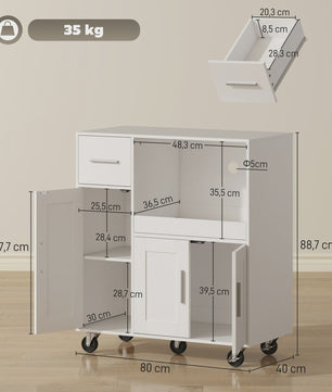 Keuken Hulpmeubel met Wielen en Uittrekbare Tray - Wit