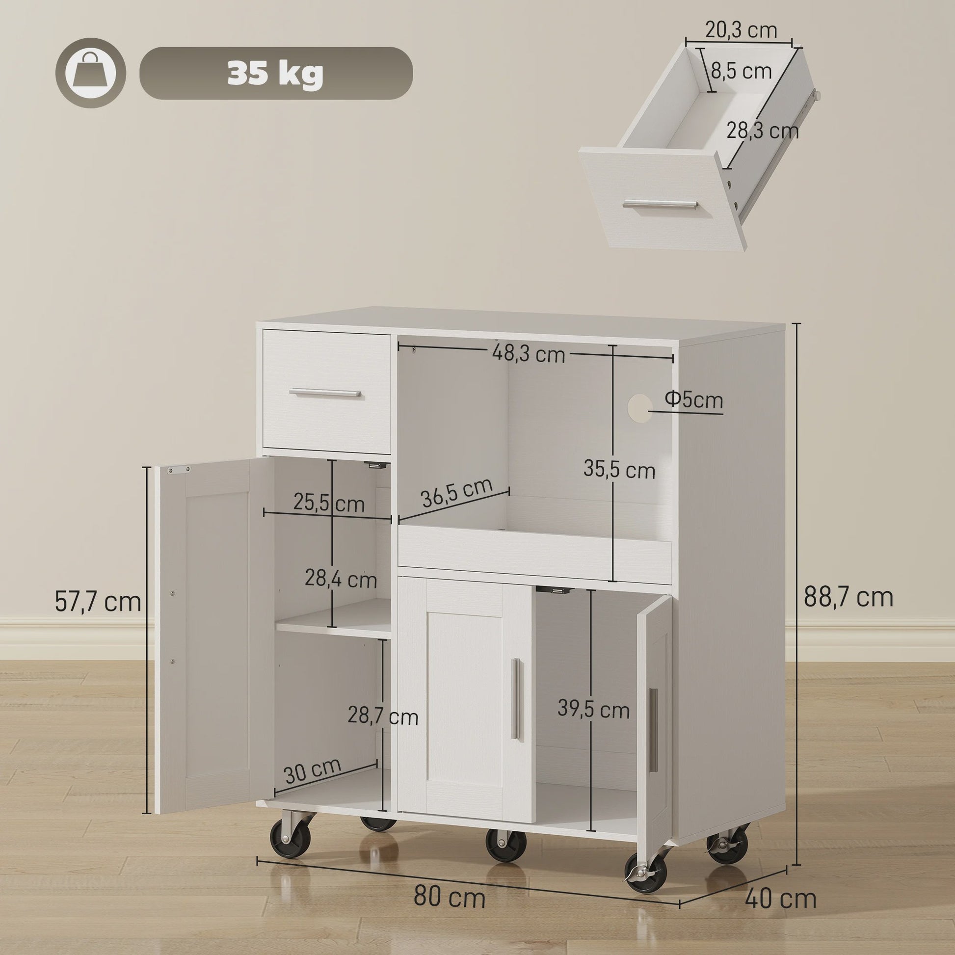 Keuken Hulpmeubel met Wielen en Uittrekbare Tray - Wit