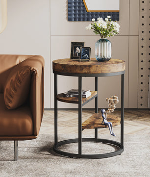 Industriële Ronde Bijzettafel met 3 Opbergplanken - Perfect voor Kleine Ruimtes