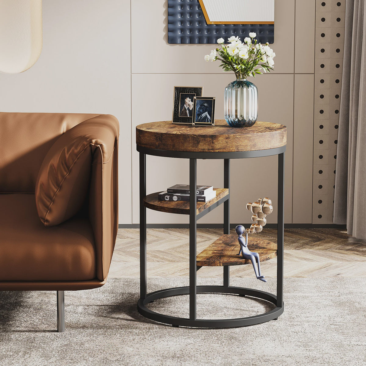Industriële Ronde Bijzettafel met 3 Opbergplanken - Perfect voor Kleine Ruimtes