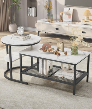 Set van 2 Moderne Salontafels met Marmerlook Blad en Stalen Onderstel