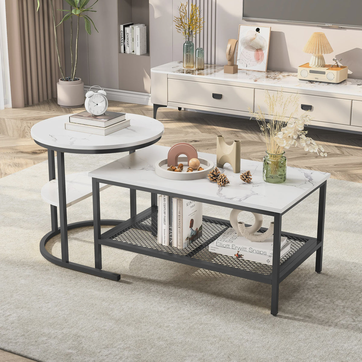 Set van 2 Moderne Salontafels met Marmerlook Blad en Stalen Onderstel