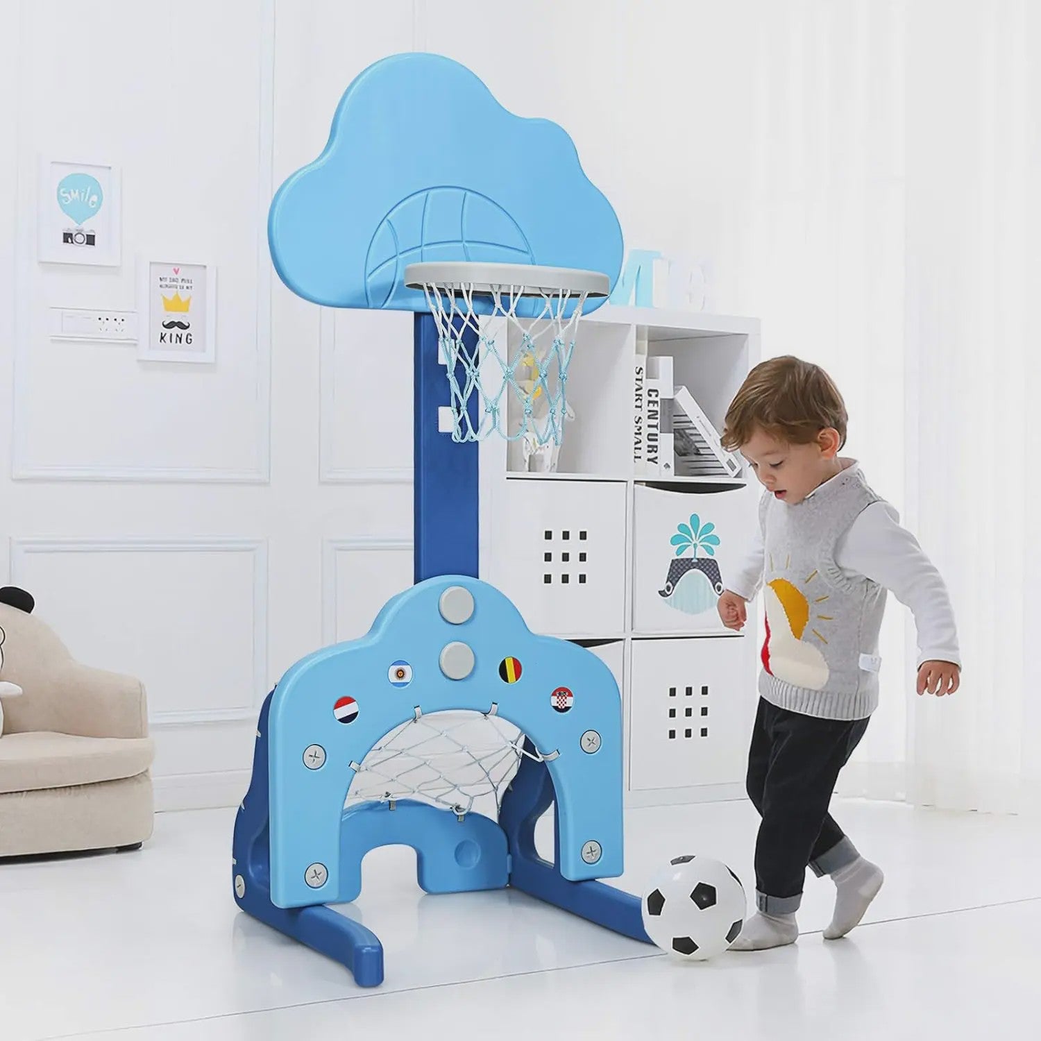 3-in-1 Kinder Speeltoestel: Basketbal, Voetbal & Golf met Verstelbare Hoogte