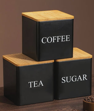 Set van 3 Keuken Potten met Bamboe Deksel - Voor Koffie, Thee & Suiker - Zwart/Wit - 500ml