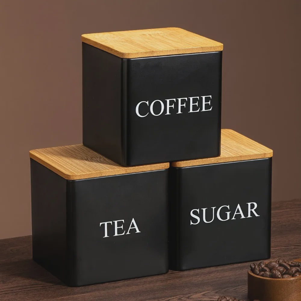 Set van 3 Keuken Potten met Bamboe Deksel - Voor Koffie, Thee & Suiker - Zwart/Wit - 500ml