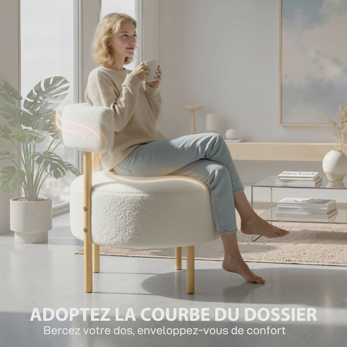 Luxe Bouclé Lounge Fauteuil met Gebogen Rugleuning en Metalen Frame