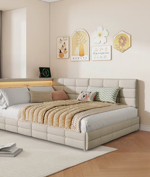 L-vormig Gestoffeerd Bed met USB, LED en Opbergruimte - Beige/Grijs