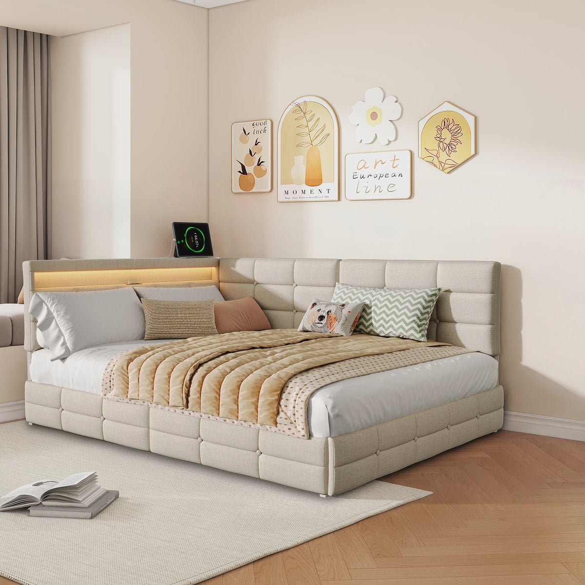 L-vormig Gestoffeerd Bed met USB, LED en Opbergruimte - Beige/Grijs