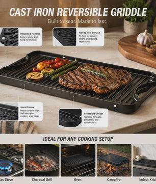 Omkeerbare Gietijzeren Grillplaat/Bakplaat 492x218mm - Draagbaar, Rechthoekig, Voor Binnen & Buiten Koken