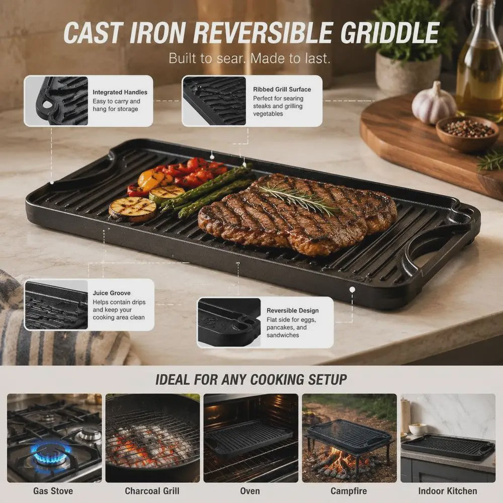Omkeerbare Gietijzeren Grillplaat/Bakplaat 492x218mm - Draagbaar, Rechthoekig, Voor Binnen & Buiten Koken