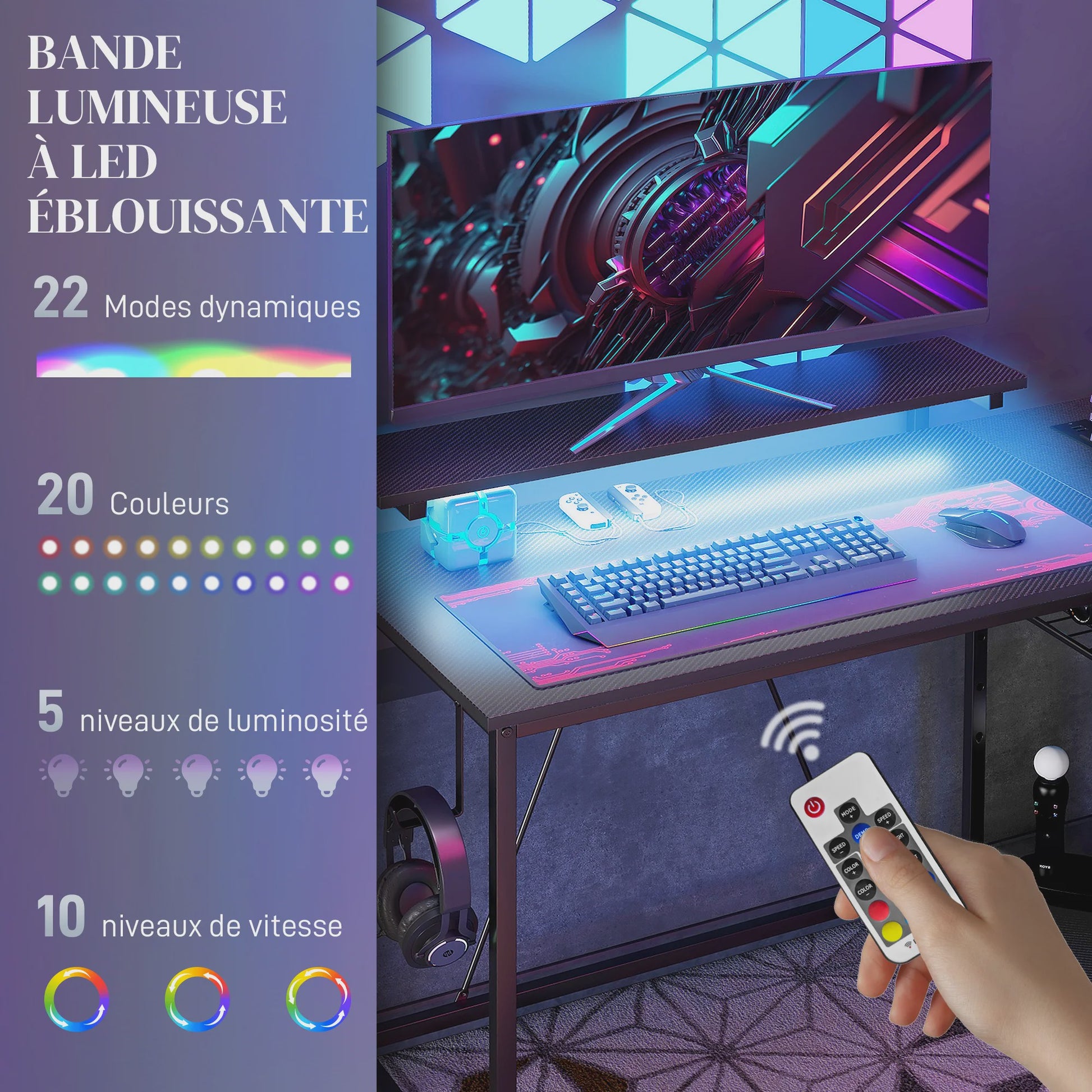 HOMCOM Hoekbureau met LED, 2 stopcontacten, 2 USB-poorten & Verstelbare Mand - 107x80cm Zwart