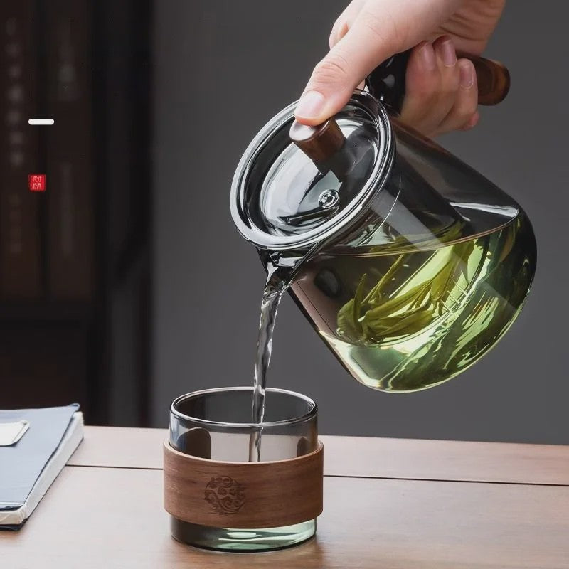 Glazen Theepot Set 600ML met Infuser en Houten Handvat - Stijlvol en Functioneel