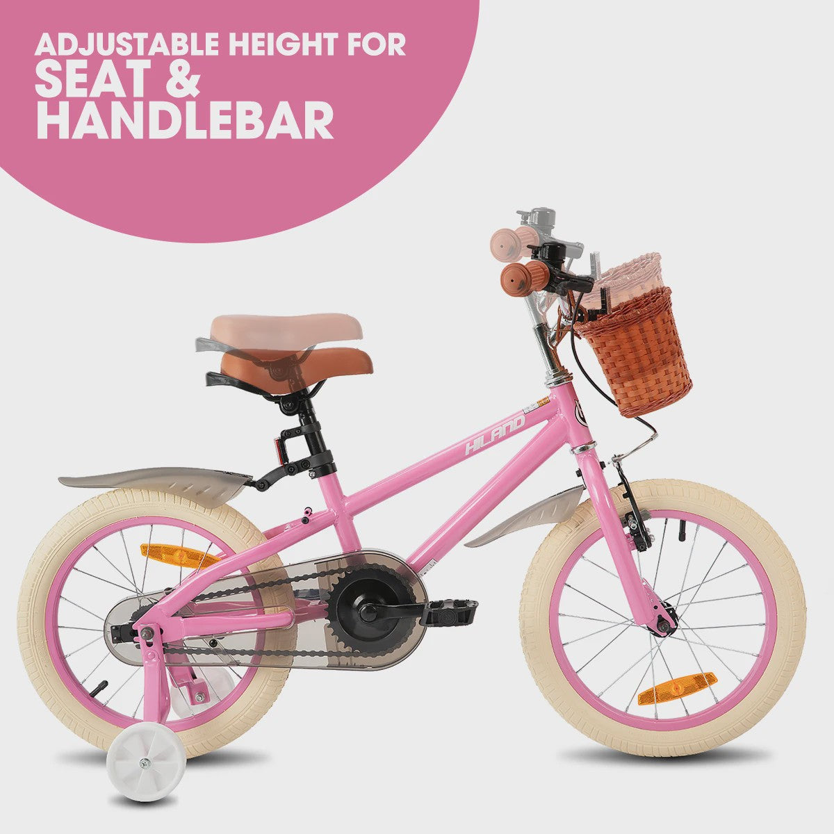 Hiland Kinderfiets 14, 16, 18 Inch - Meisjesfiets Groen/Roze met Mandje en Stabilisatoren