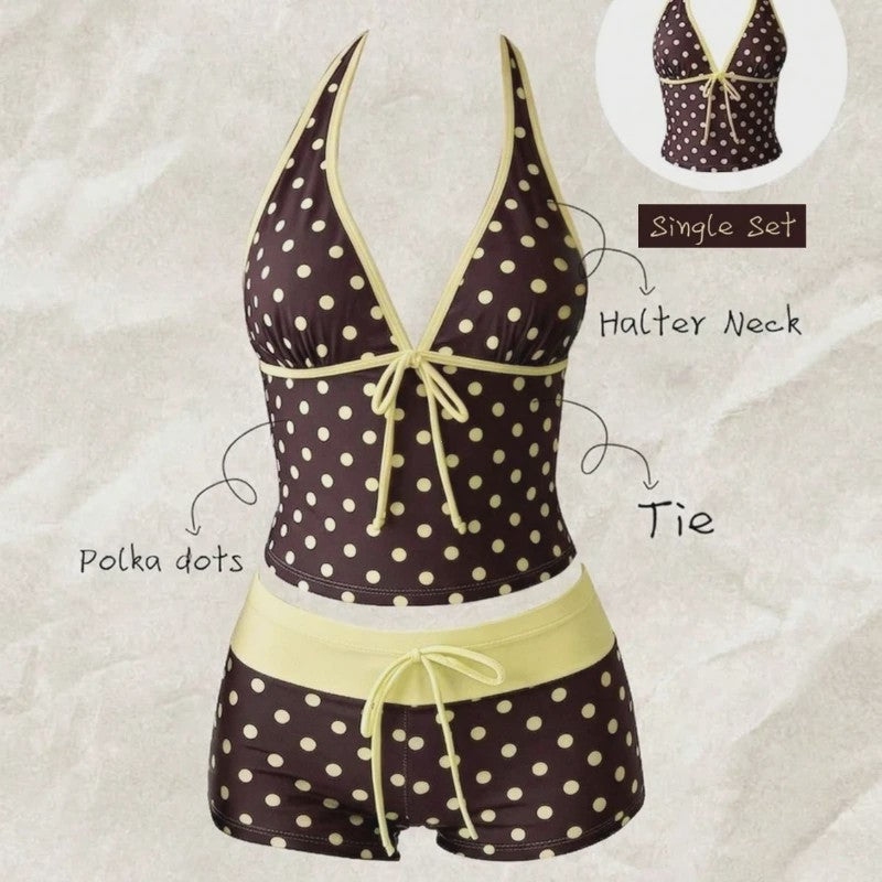 Dames Polka Dot Tankini Set - 2-Delig met Halter V-hals Top en Shorts