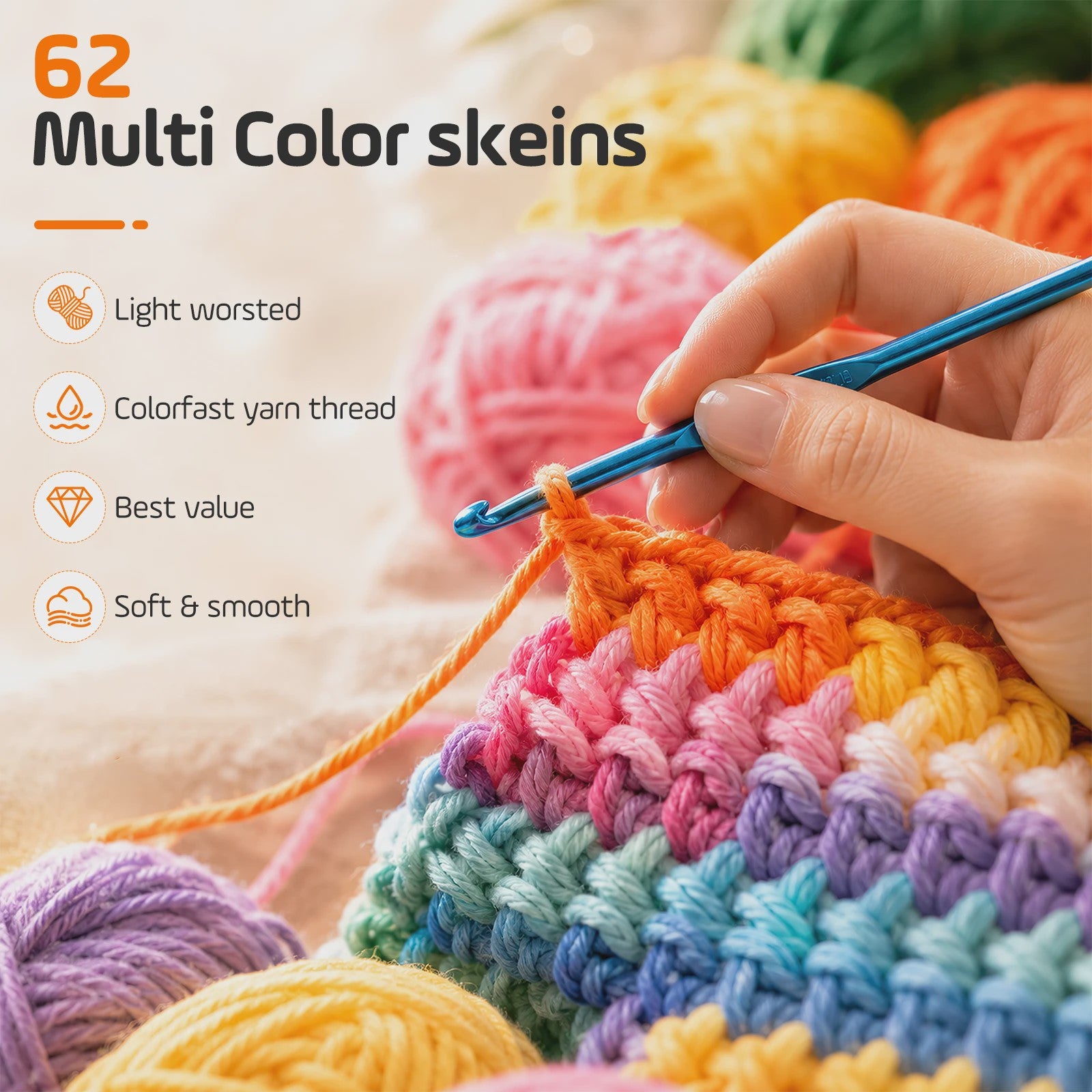 DIY Textile Set，77 Piece Crochet Hook Set With 62 Mixed Color Yarn Balls, 2 Aluminum Crochet Hooks, 2 Knitting Needles, And 10 Anti Slip Pins
