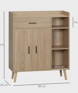 Modern Woonkamer Sideboard met 2 Deuren, 1 Lade en 3 Open Vakken - Natuurlijk Eikenhout - 80x30x96.5 cm