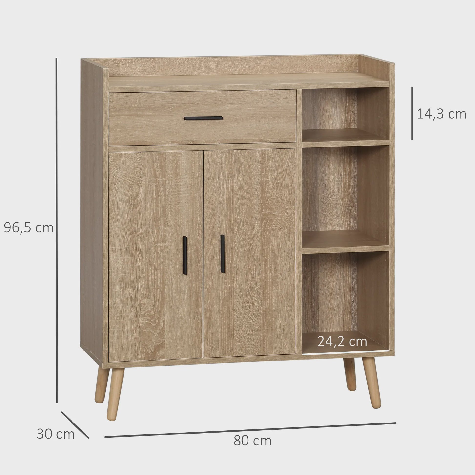 Modern Woonkamer Sideboard met 2 Deuren, 1 Lade en 3 Open Vakken - Natuurlijk Eikenhout - 80x30x96.5 cm