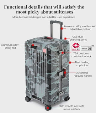 Luxe Aluminium Frame Koffer Trolley - 20-30 inch - Reisbagage Heren & Dames - Met USB Poort & Bekerhouder