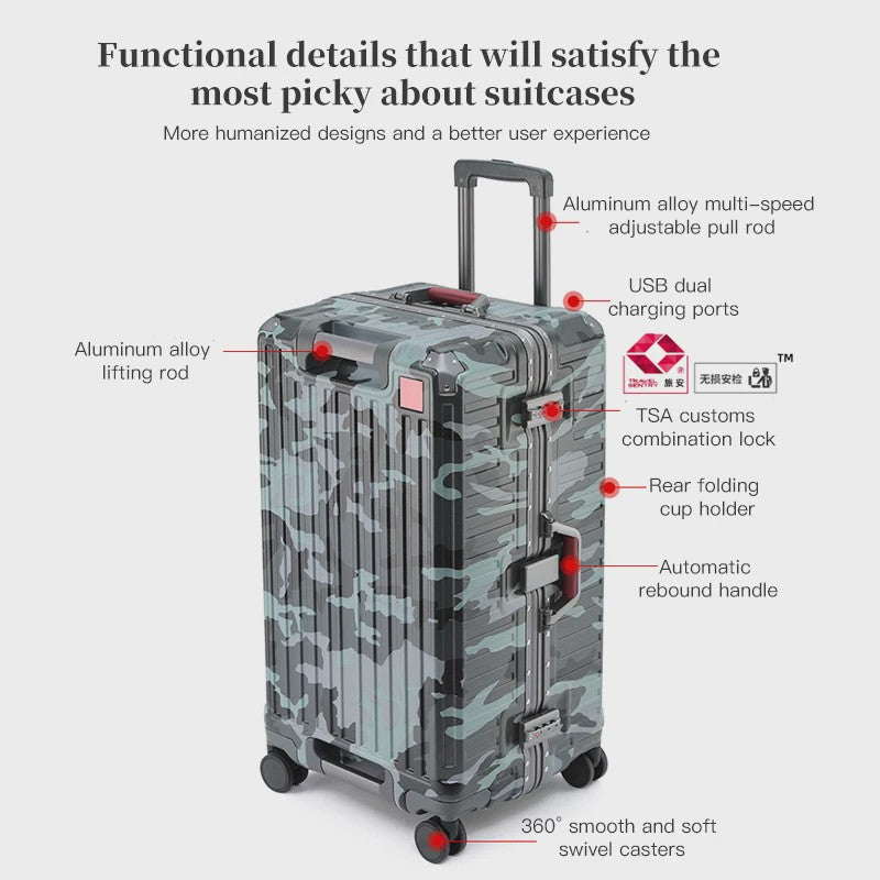 Luxe Aluminium Frame Koffer Trolley - 20-30 inch - Reisbagage Heren & Dames - Met USB Poort & Bekerhouder