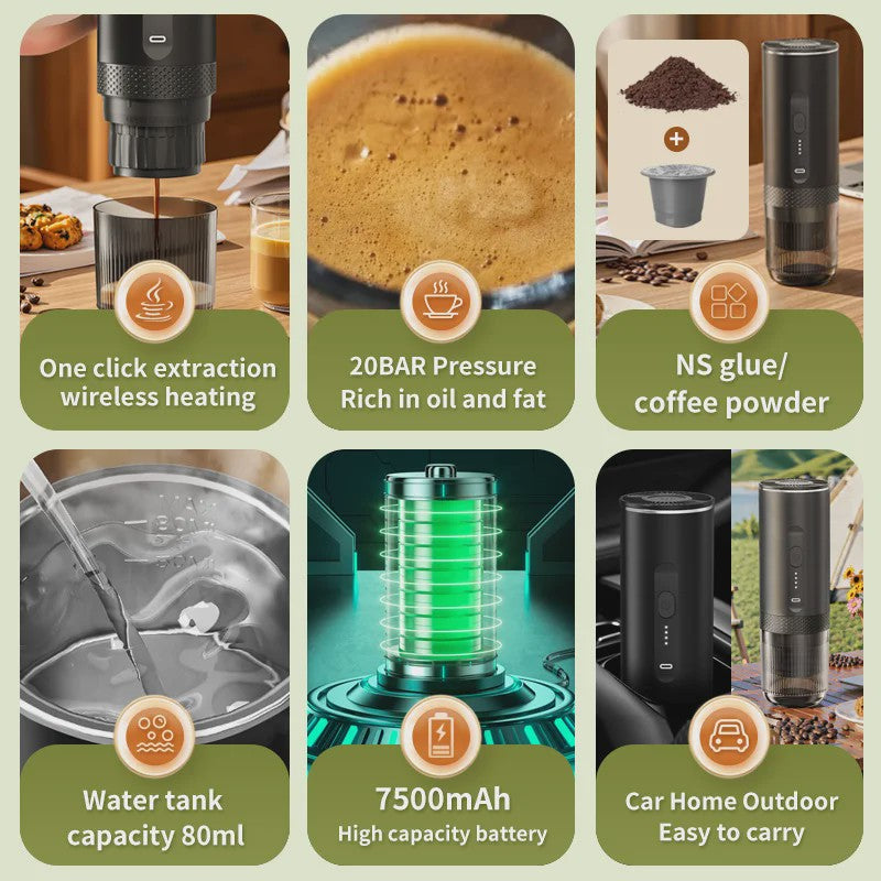 Draagbare 2-in-1 Koffiemachine: Draadloos, Elektrisch, voor Auto, Thuis & Camping - Capsules & Gemalen Koffie