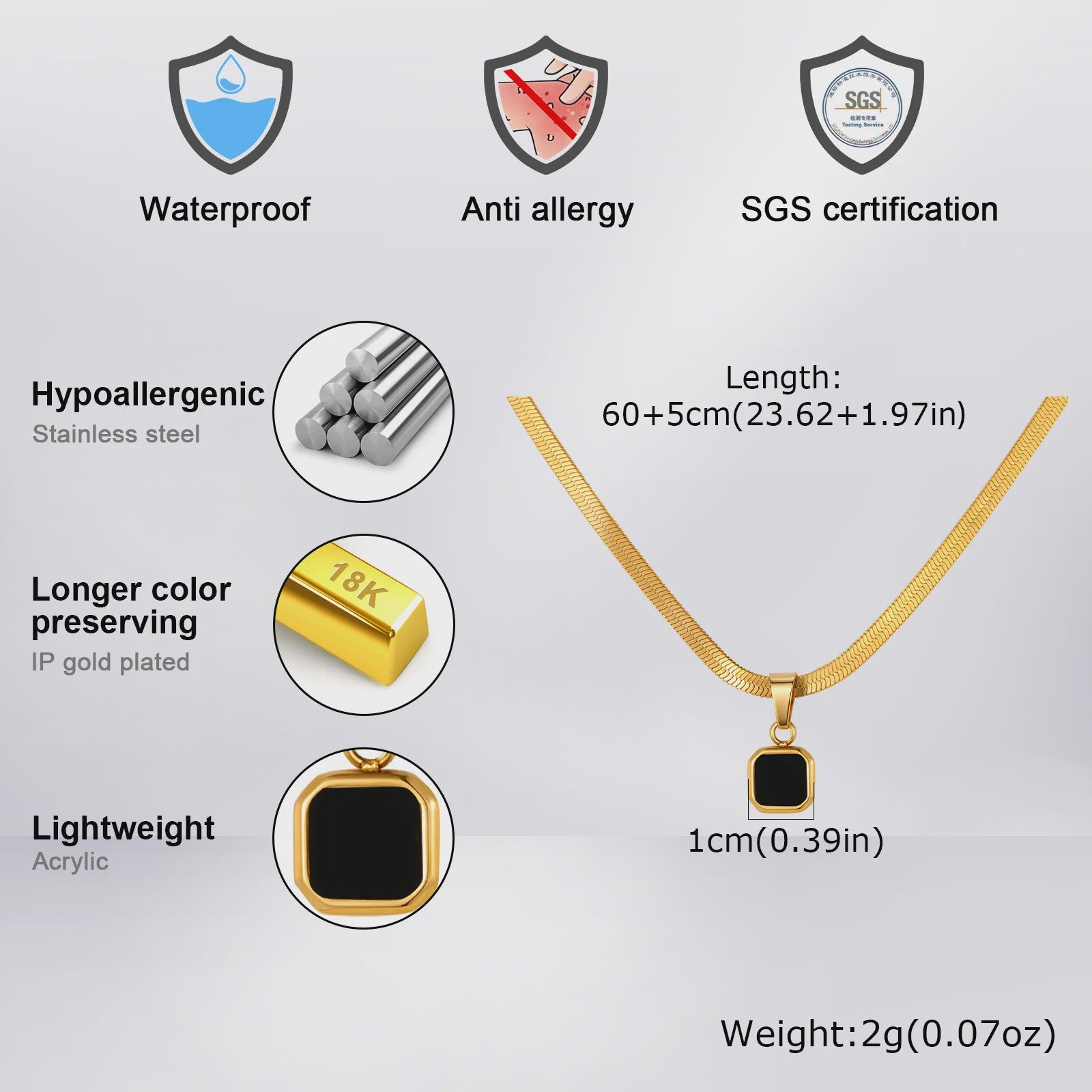 Vnox Heren Ketting met Geometrische Vierkante Natuursteen Hanger - Goud/Zilver Kleur Roestvrij Staal Blade Ketting