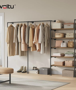 Industriële Wandmontage Kledingrek met 5 MDF Planken & Kledingroede - Open Garderobe